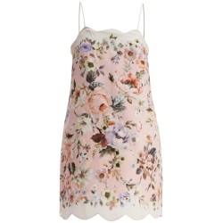 mini floral linen dress in pink with scallop neckline and sleeveless