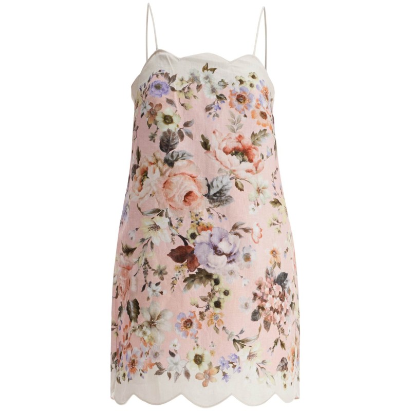 mini floral linen dress in pink with scallop neckline and sleeveless