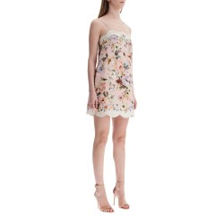 mini floral linen dress in pink with scallop neckline and sleeveless