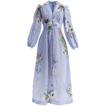 light blue watercolor floral midi dress with deep v neckline