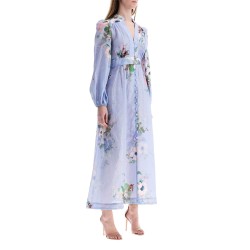 light blue watercolor floral midi dress with deep v neckline