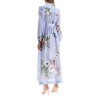 light blue watercolor floral midi dress with deep v neckline