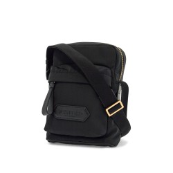 elegant black leather and polyester messenger bag with adjustable shoulder strap