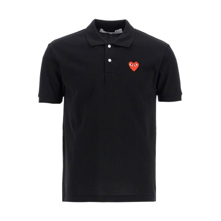 polo unisex in cotone nero con logo cuore rosso