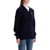 navy blue wool cardigan with embroidered red heart unisex