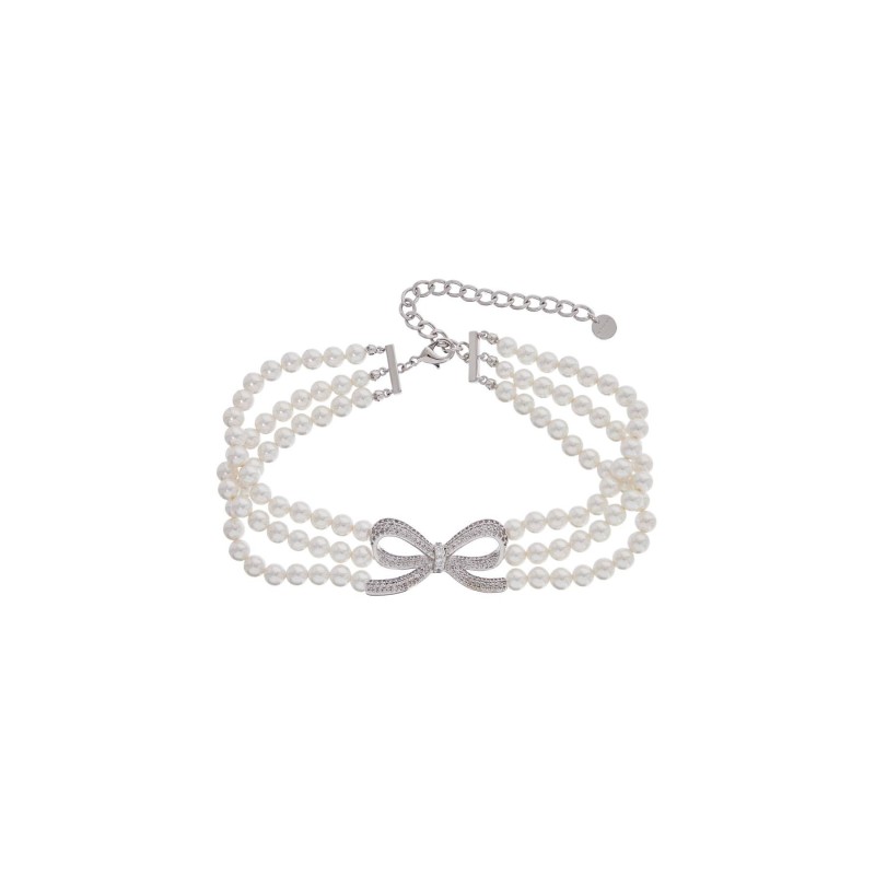 white adjustable choker necklace with bow, pearls, and rhinestones