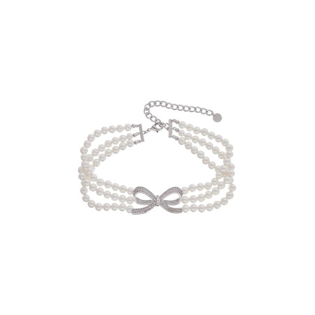 white adjustable choker necklace with bow, pearls, and rhinestones