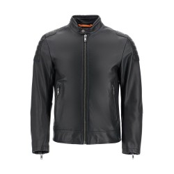 black leather jacket with high collar and quilted details