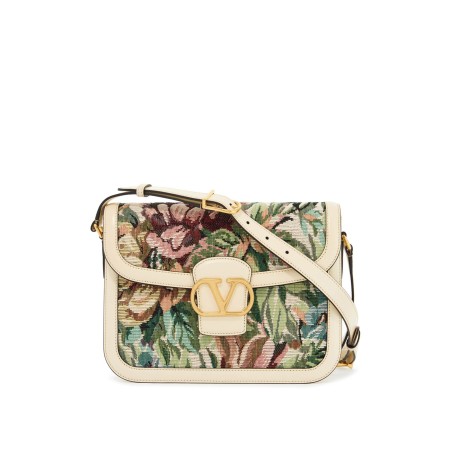 multicolored floral shoulder bag in butter white leather