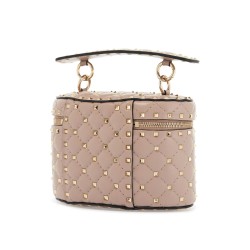 cylindrical vanity bag in powder leather with diamond pattern