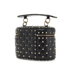 black quilted leather cylindrical vanity bag with chain