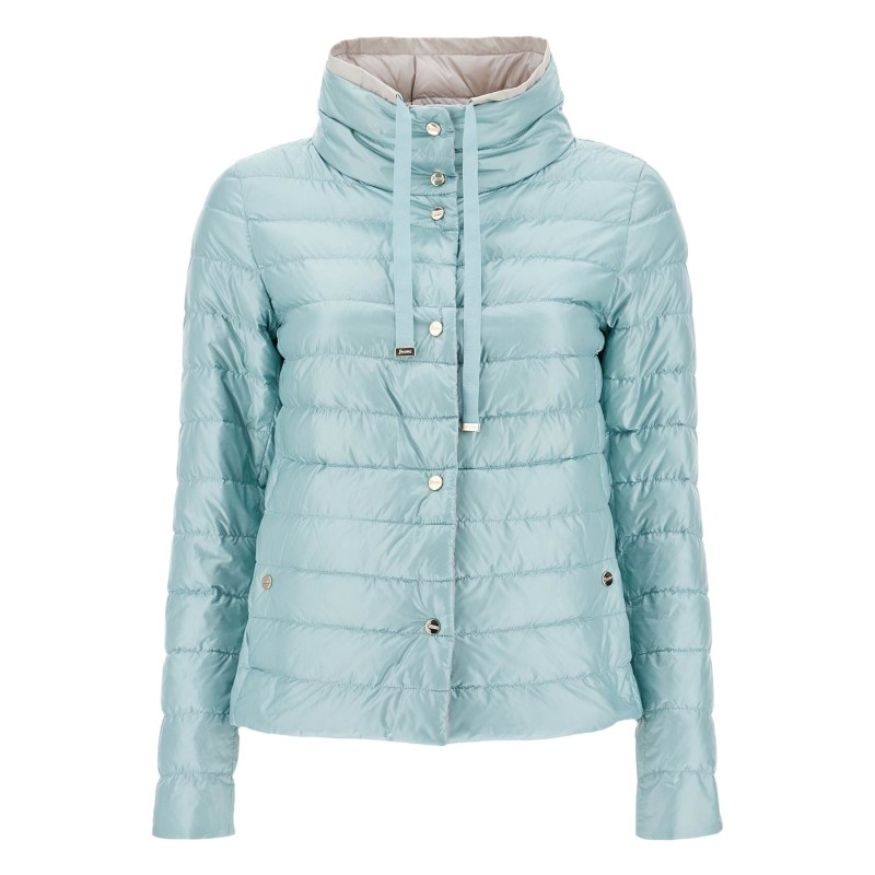 short puffer jacket in ice blue nylon with metal buttons