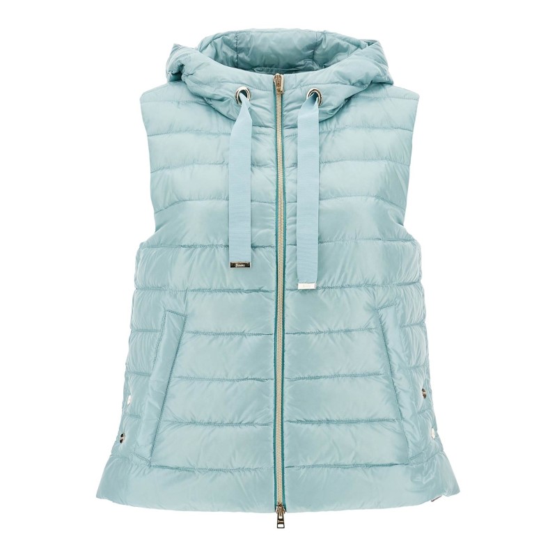 light blue quilted nylon gilet with hood