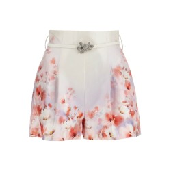 red low-waist floral silk and cotton shorts