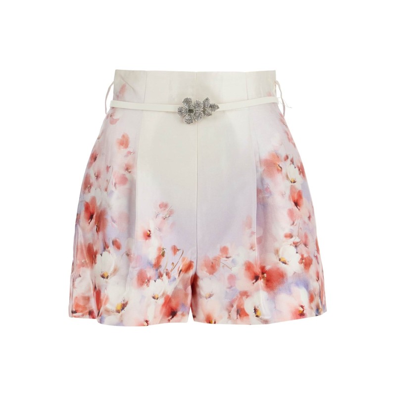 red low-waist floral silk and cotton shorts