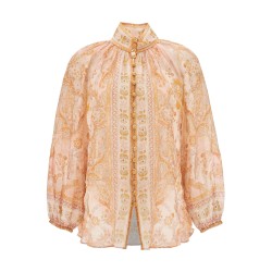 cream and pink high neck paisley blouse in rayon with long sleeves