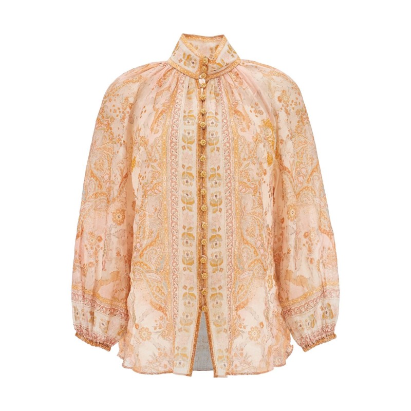 cream and pink high neck paisley blouse in rayon with long sleeves