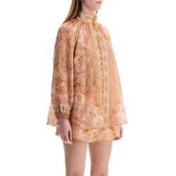 cream and pink high neck paisley blouse in rayon with long sleeves