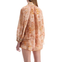 cream and pink high neck paisley blouse in rayon with long sleeves