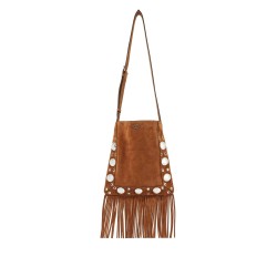 brown copper suede crossbody bag with studs and fringe