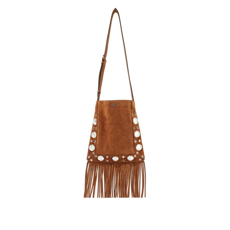 brown copper suede crossbody bag with studs and fringe