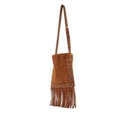 brown copper suede crossbody bag with studs and fringe