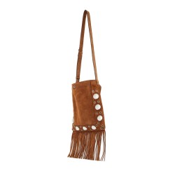 brown copper suede crossbody bag with studs and fringe