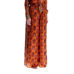 high waist wide leg ikat print silk pants orange