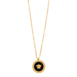 men's necklace with round logo in gold metal and black resin