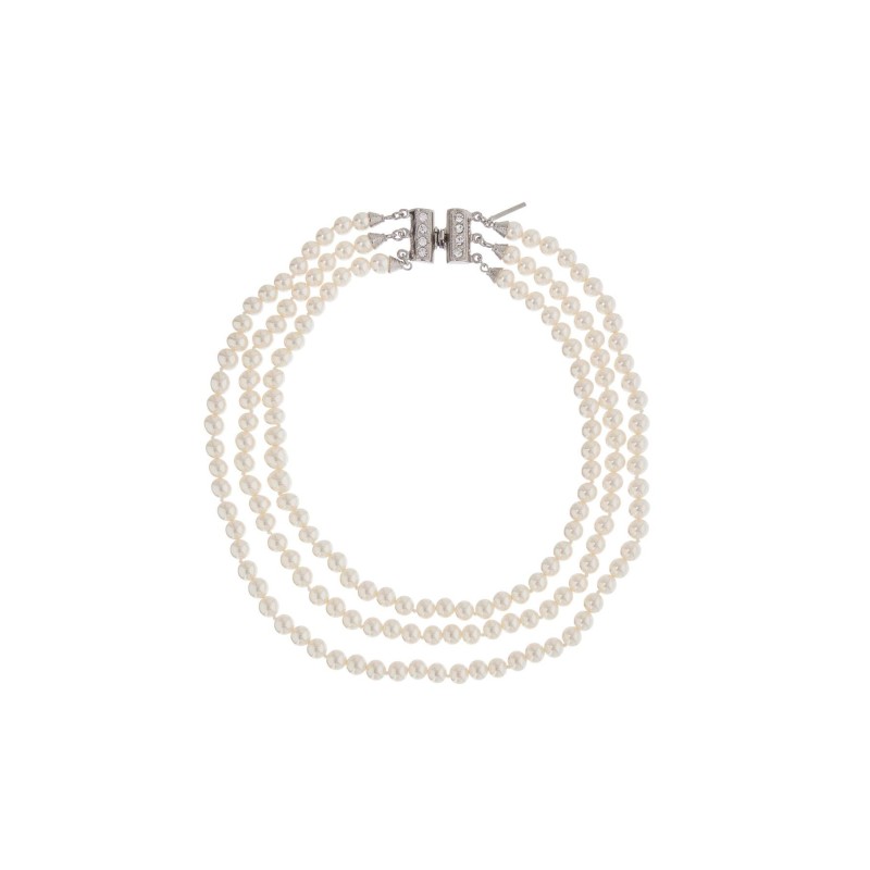 three strand white pearl and rhinestone necklace