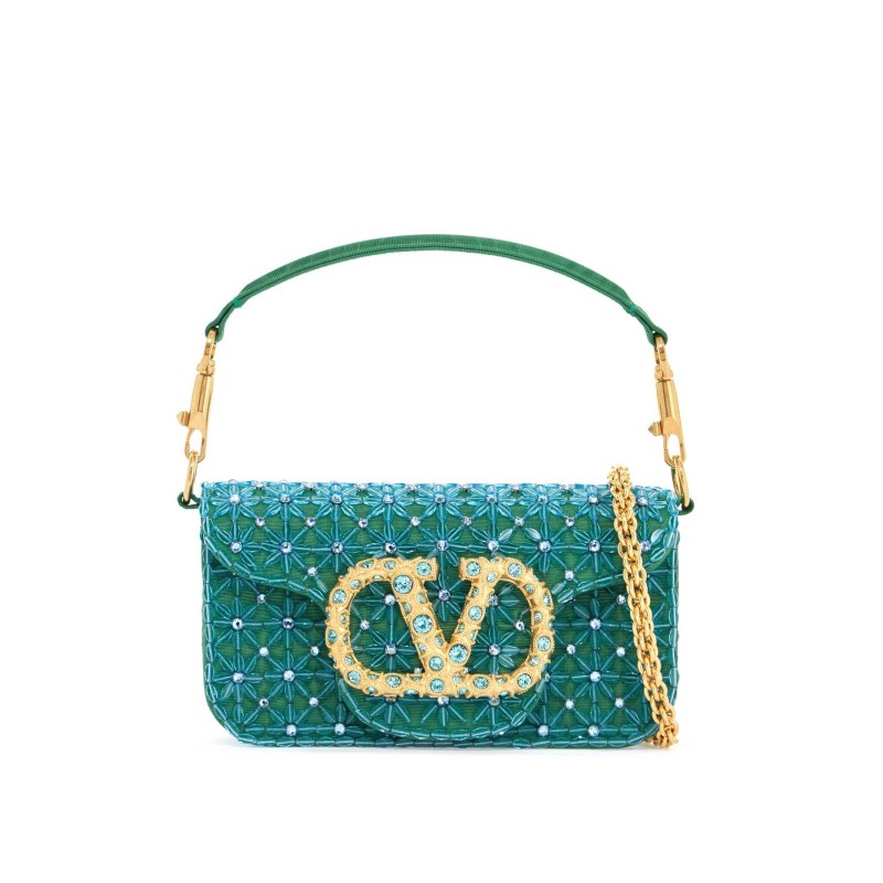 small turquoise floral shoulder bag with crystals and chain