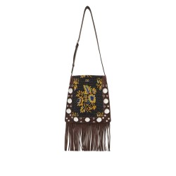 multicolored floral crossbody bag in dark brown with fringes