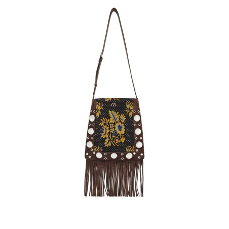 multicolored floral crossbody bag in dark brown with fringes