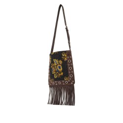 multicolored floral crossbody bag in dark brown with fringes