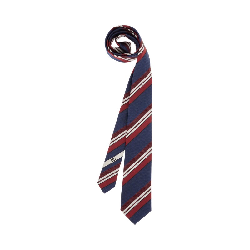 dark blue silk tie with diagonal bordeaux and white stripes