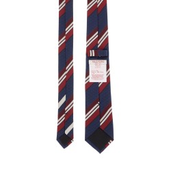 dark blue silk tie with diagonal bordeaux and white stripes