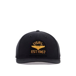 black cotton cap with embroidered patch and adjustable closure