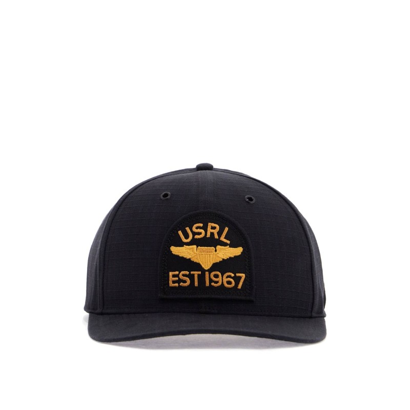 black cotton cap with embroidered patch and adjustable closure