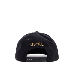 black cotton cap with embroidered patch and adjustable closure