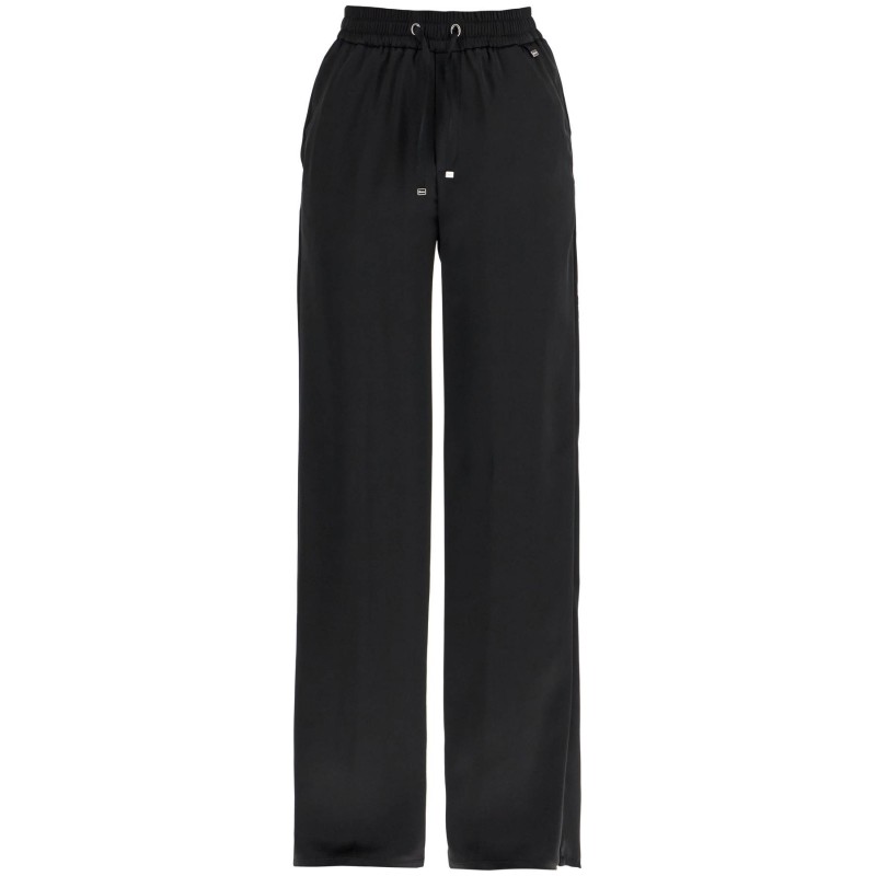 wide leg high waist black satin trousers for women