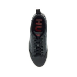 men's black leather sneakers with gray logo and white sole - contemporary style