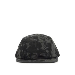 black flat brim hat with graphic print and adjustable closure