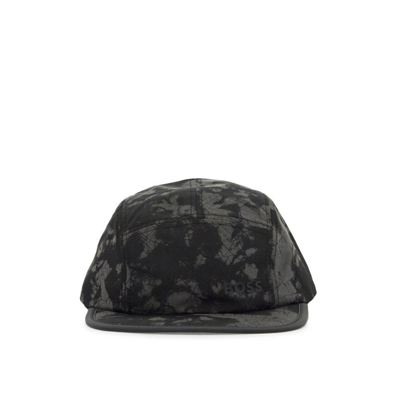 black flat brim hat with graphic print and adjustable closure