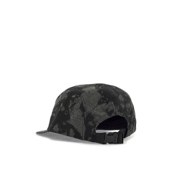 black flat brim hat with graphic print and adjustable closure