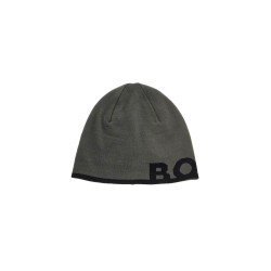 elegant dark gray wool and acrylic beanie with contrasting logo