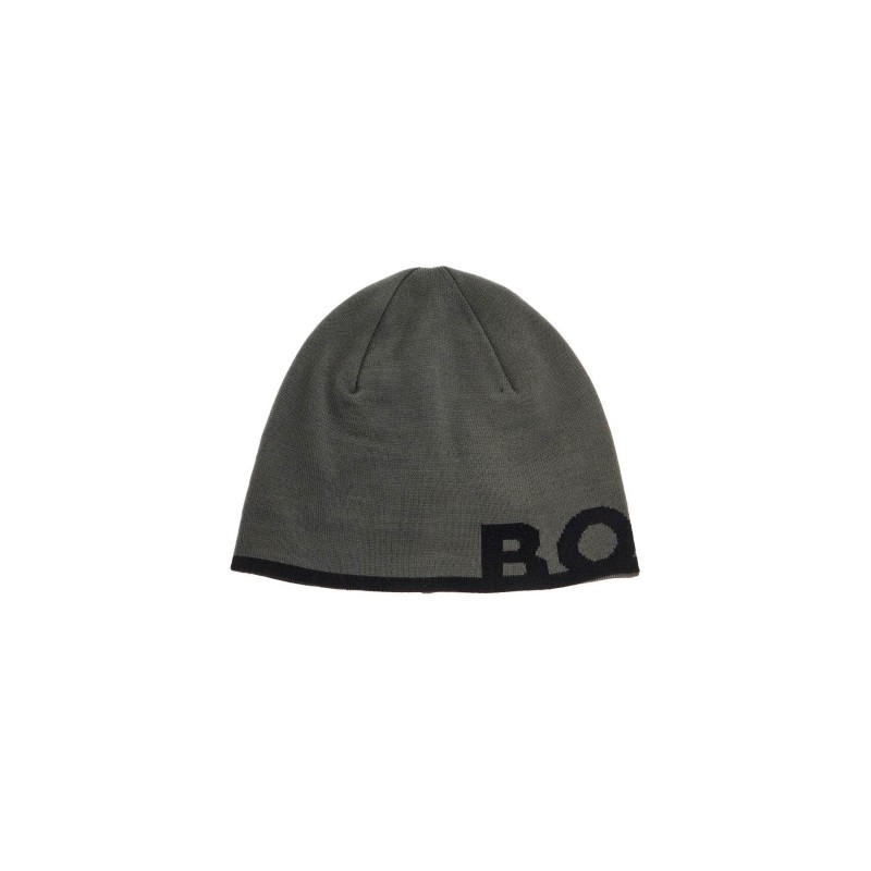 elegant dark gray wool and acrylic beanie with contrasting logo