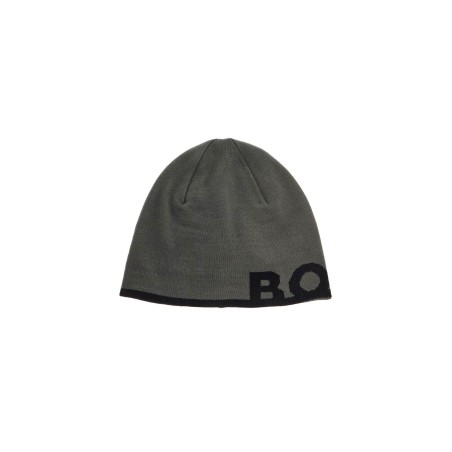 elegant dark gray wool and acrylic beanie with contrasting logo