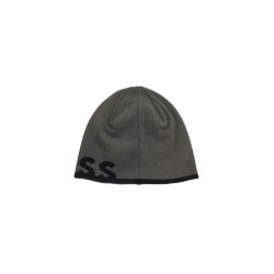 elegant dark gray wool and acrylic beanie with contrasting logo