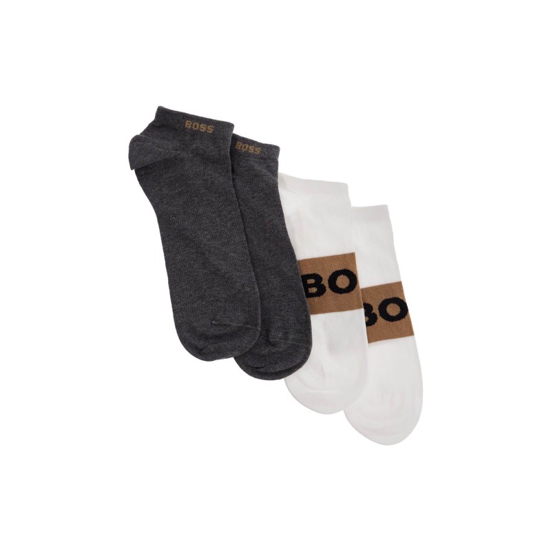 low-cut gray and white socks with gold logo and brown band