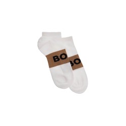 low-cut gray and white socks with gold logo and brown band